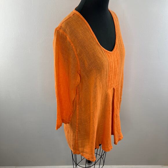 FLAX Orange Tunic Top Linen Scoop Neck Inverted Pleat 3/4 Sleeve Size S Small - Picture 5 of 10